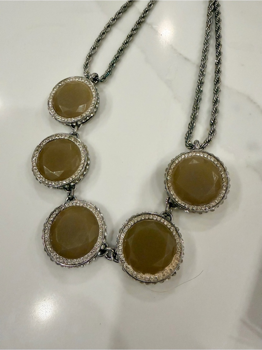 Premier Designs Silver Tone Faceted Olive Stone Statement Necklace